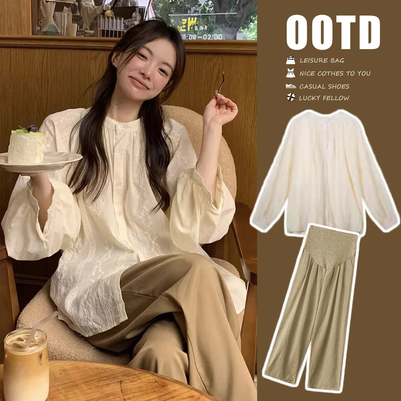 孕妇装秋季新款法式复古设计感重工刺绣衬衫阔腿托腹裤孕妇套装潮