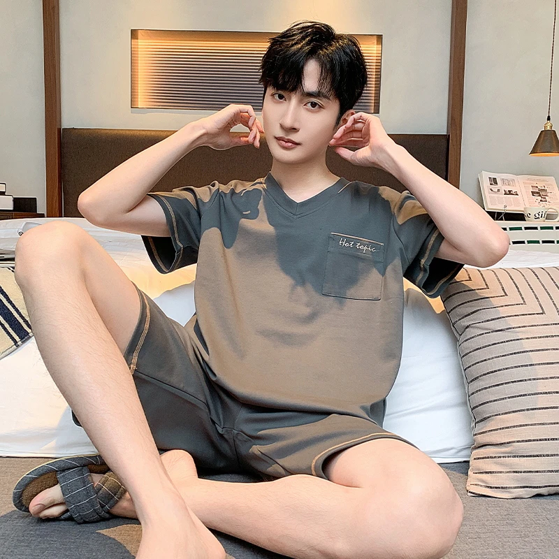 男士睡衣夏季新款短袖短裤家居服睡衣套装HMF