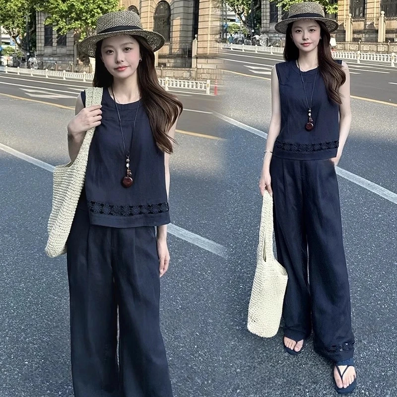 【现货】时尚套装女2025夏季新款显瘦减龄无袖背心上衣阔腿裤两件套