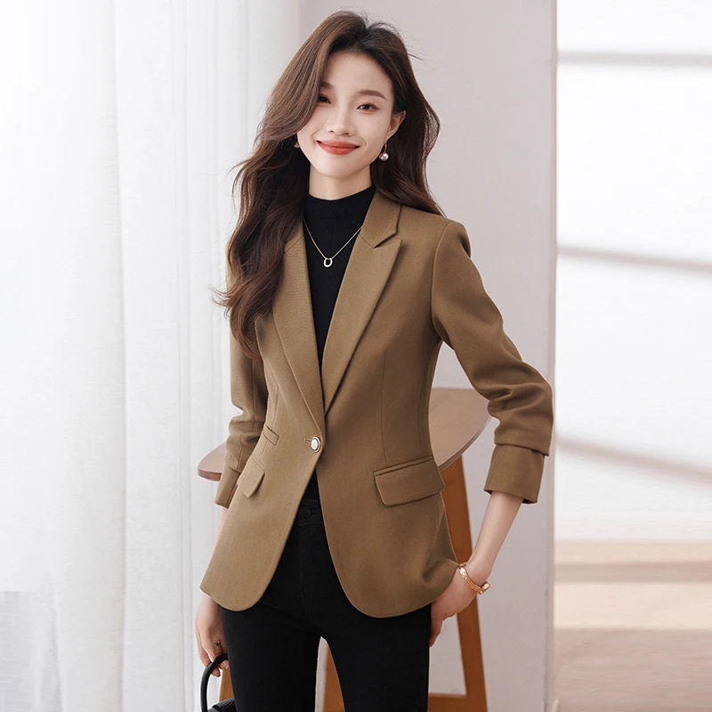 咖色春秋休闲职业西装女外套显瘦气质女士百搭日常小个子西服外套