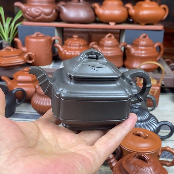 茶壶紫砂四方竹鼓200cc原矿古天青特价