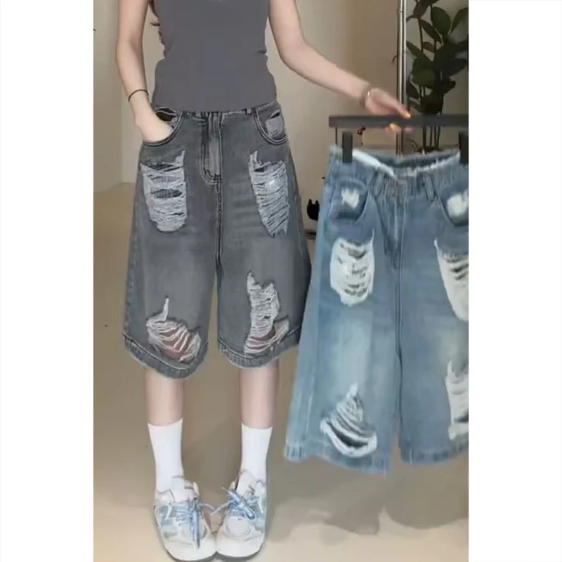艾塔莉时尚破洞牛仔五分裤女夏季新款梨型身材显瘦遮肉宽松阔腿裤