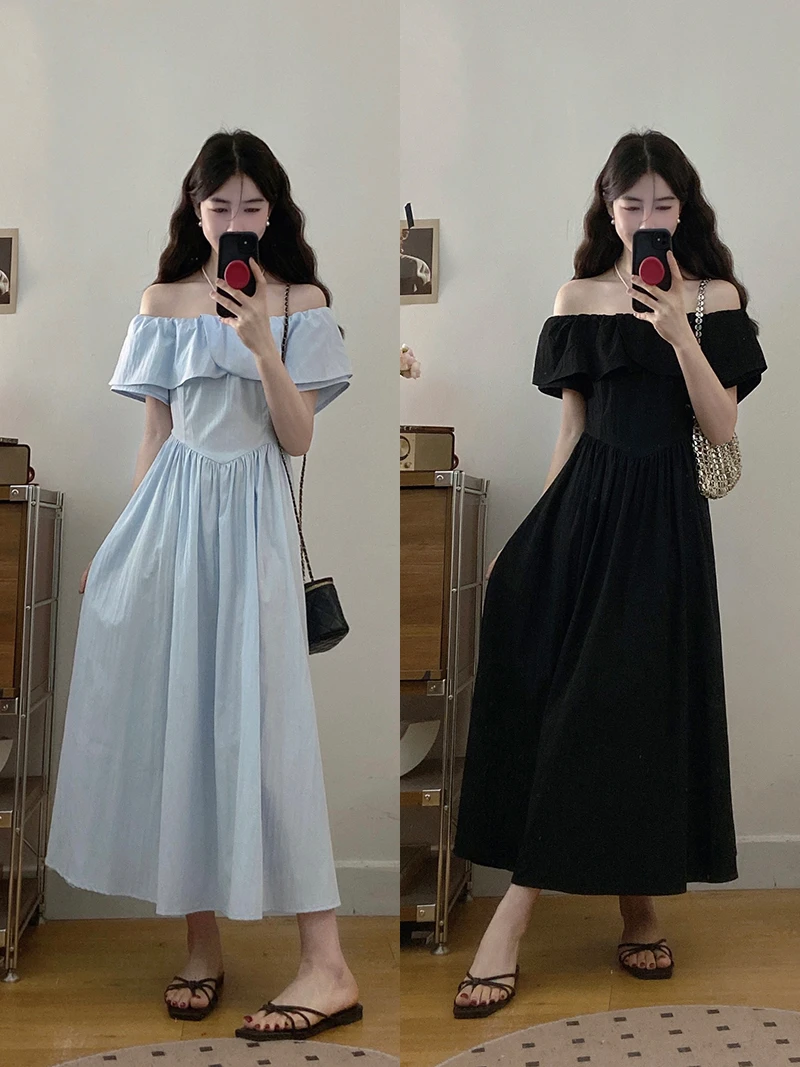 2025夏款胖mm大码女时尚设计感甜美一字肩收腰显瘦连衣裙22266