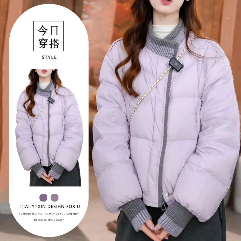 韩版百搭超好看女士棉服2025冬季新款针织拼接加厚保暖棉服短外套