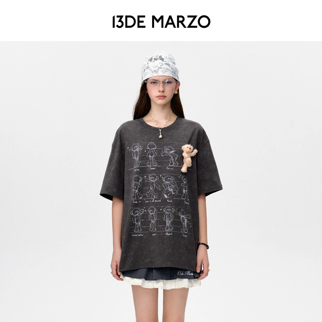13DE MARZO男女同款 25春夏新款草稿熊插画T恤时尚棉质圆领短袖