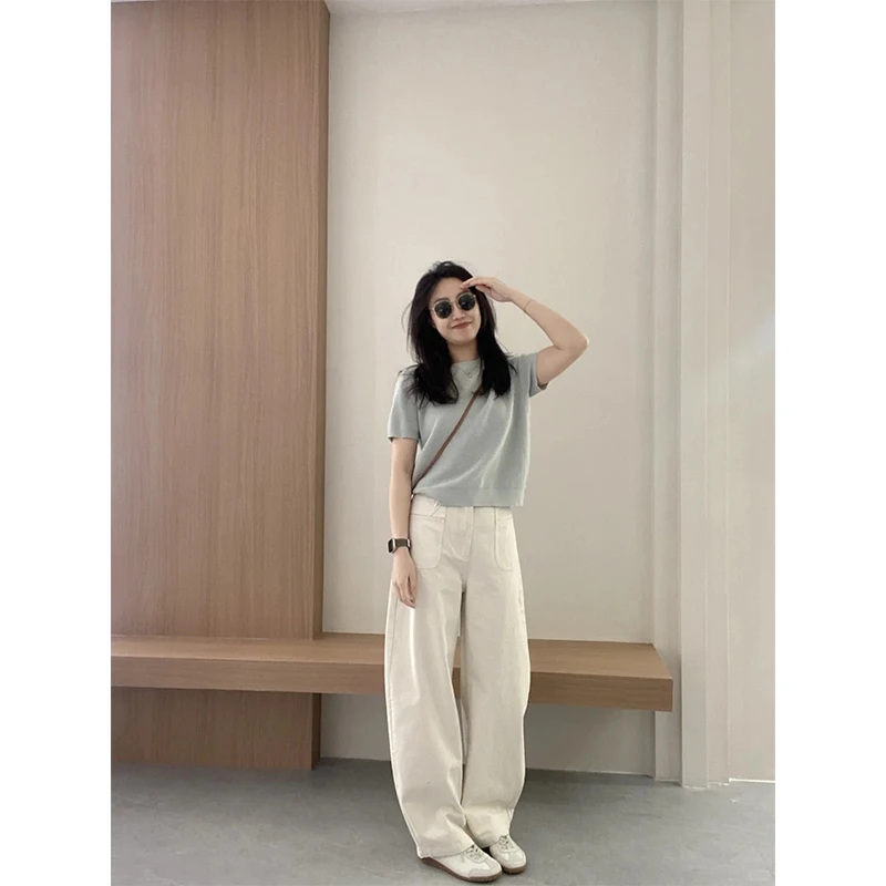 韩系小清新套装时尚气质纯色简约上衣百搭显瘦直筒阔腿裤长裤女