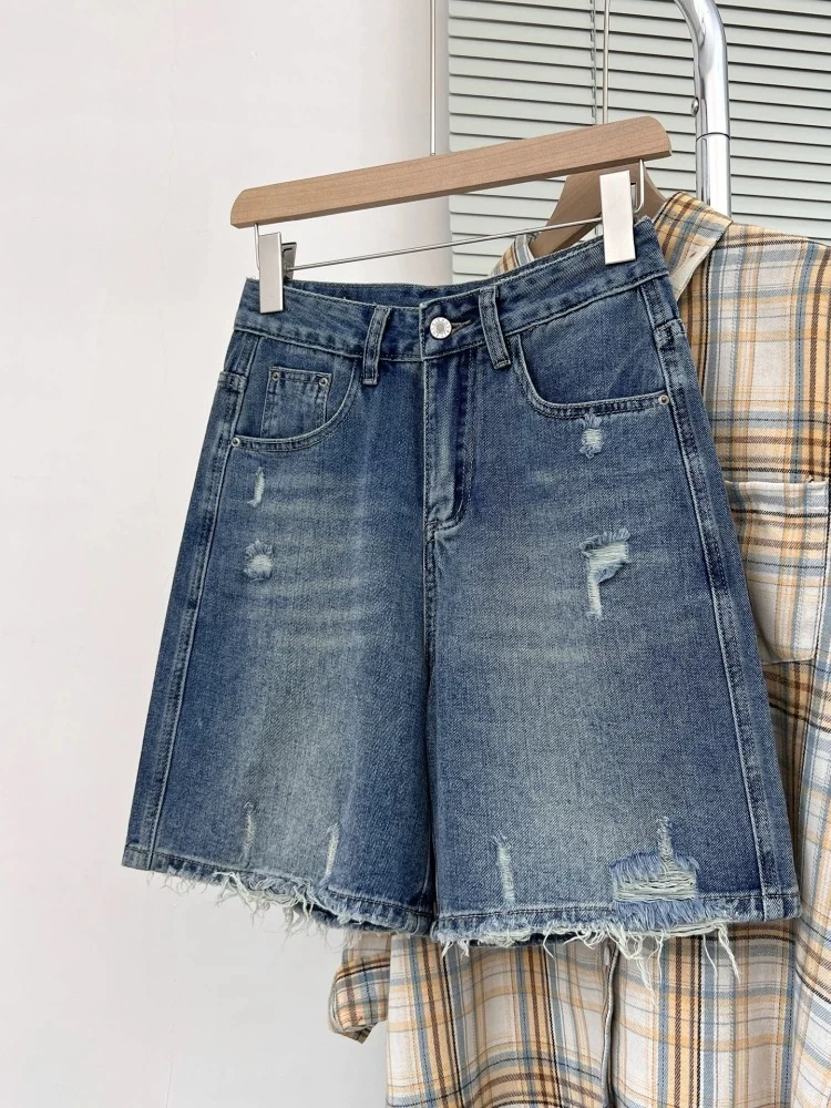 高腰破洞牛仔短裤女款夏天新款显瘦遮肉大码小个子宽松毛边五分裤