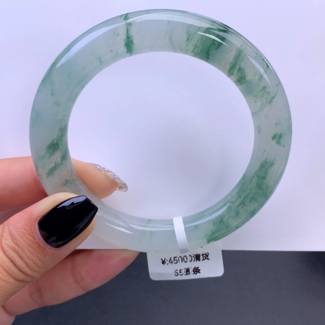 未镶嵌手镯翡翠回流）冰飘绿花圆条手镯（强推）