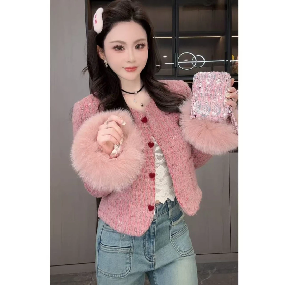睿夕【粉雾荆棘】韩系精致百搭爱心扣狐狸毛毛袖小香风外套