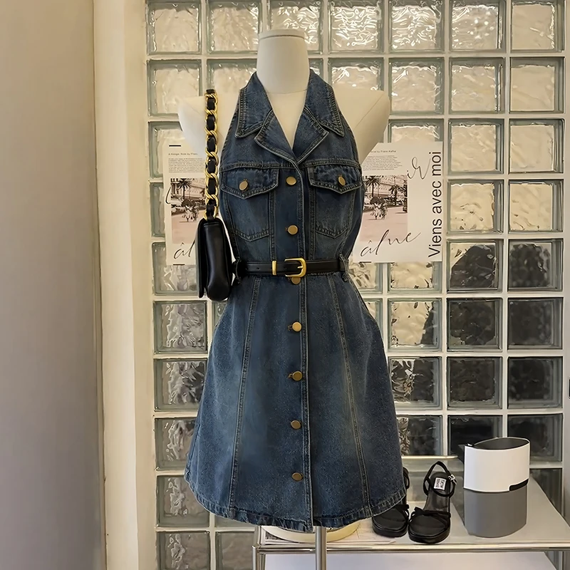 高级感复古蓝西装领连衣裙女夏季新款韩版百搭休闲收腰无袖中长裙