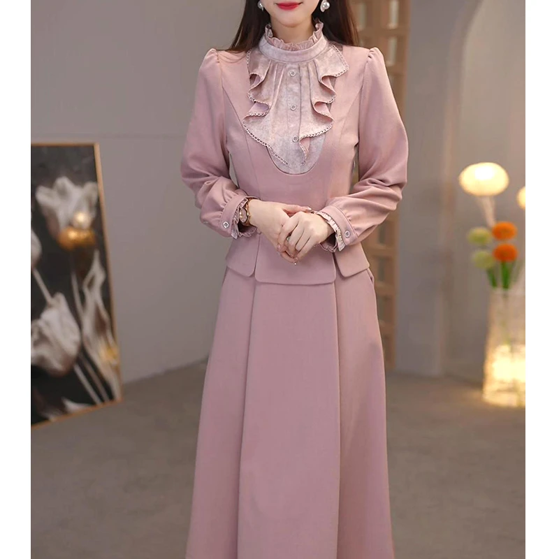 【假两件】B23粉色连体裙优雅气质时尚减龄显瘦设计感春季新品