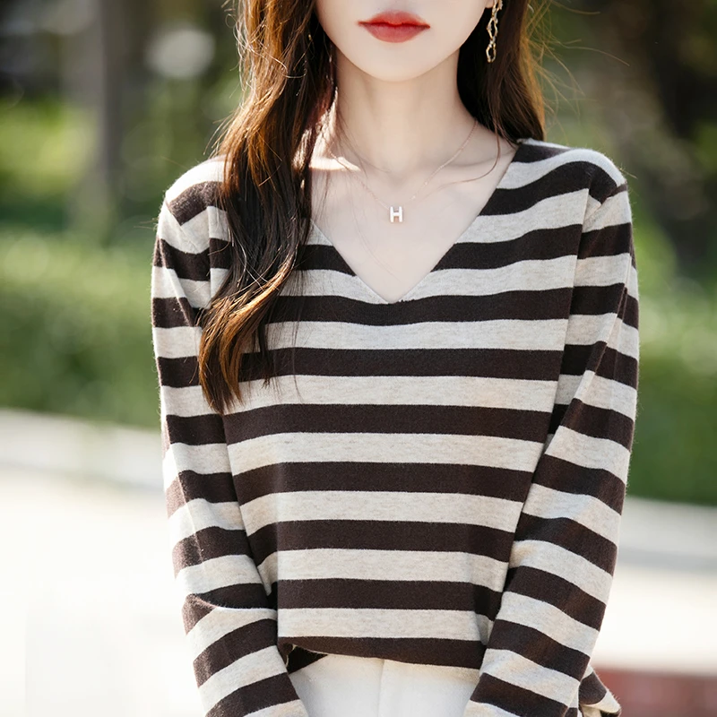 常规款通勤长袖薄款条纹毛针织衫显瘦女装游牧风长袖针织潮SMY291