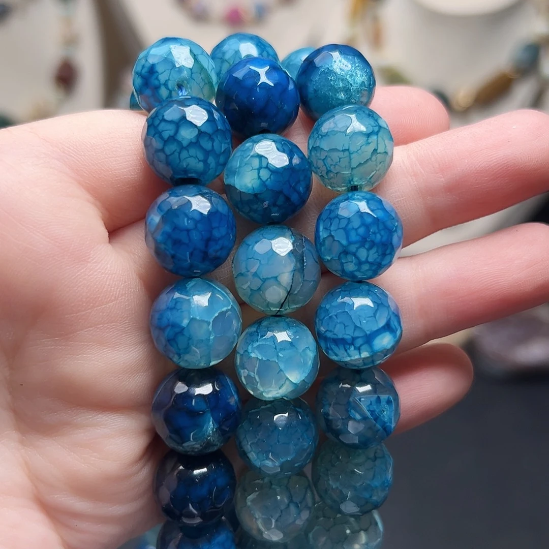 玛瑙/玉髓合金珠宝半成品W417，13.5mm湖蓝色龙鳞纹玛瑙圆珠一条