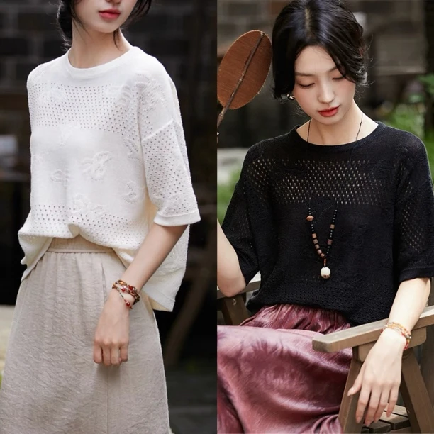重磅棉纱~胸88-160长56镂空短袖立体浮雕套头纯色针织上衣 9544