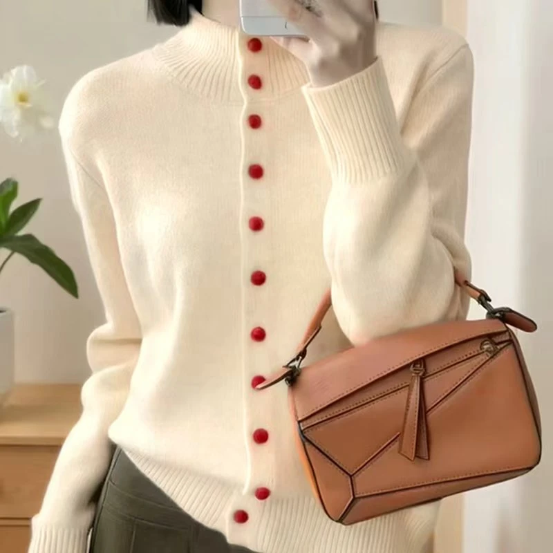 100%纯羊毛彩扣半高领开衫女加厚时尚外套气质百搭长袖纯色上衣