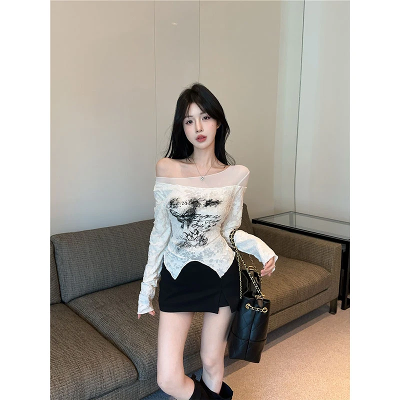 复古蝴蝶涂鸦斜肩网纱拼接长袖T恤辣妹修身显瘦短款上衣半身裙裤