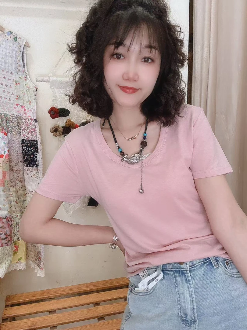 【土豆泥】纸片人 时尚百搭弹力通勤日常宽松显瘦弹力低圆领短袖T恤