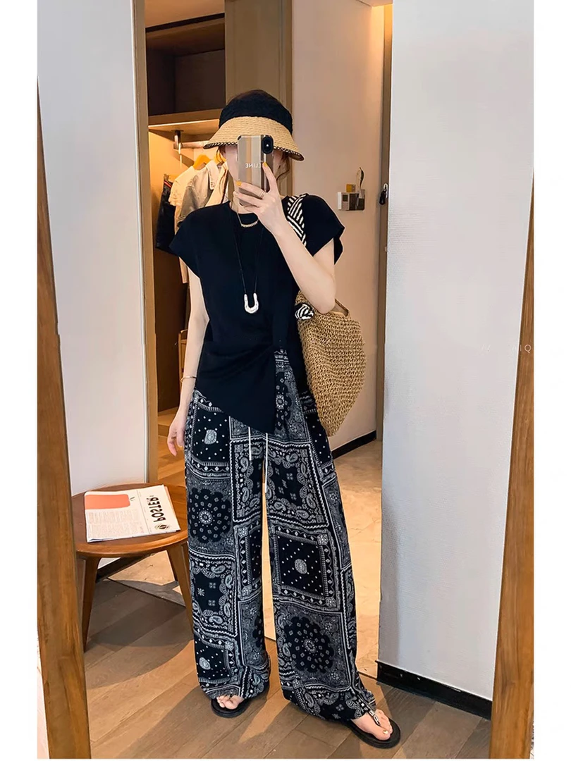 （乌兰图雅）圆领短袖不规则扭结T恤2025夏新款设计感套装#TZ6128#