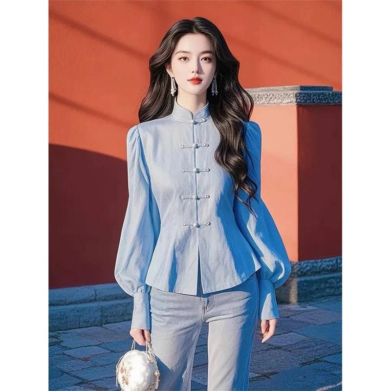 2025年春秋季新款新款立领衬衫女小众开衫设计感洋气纯色百搭上衣