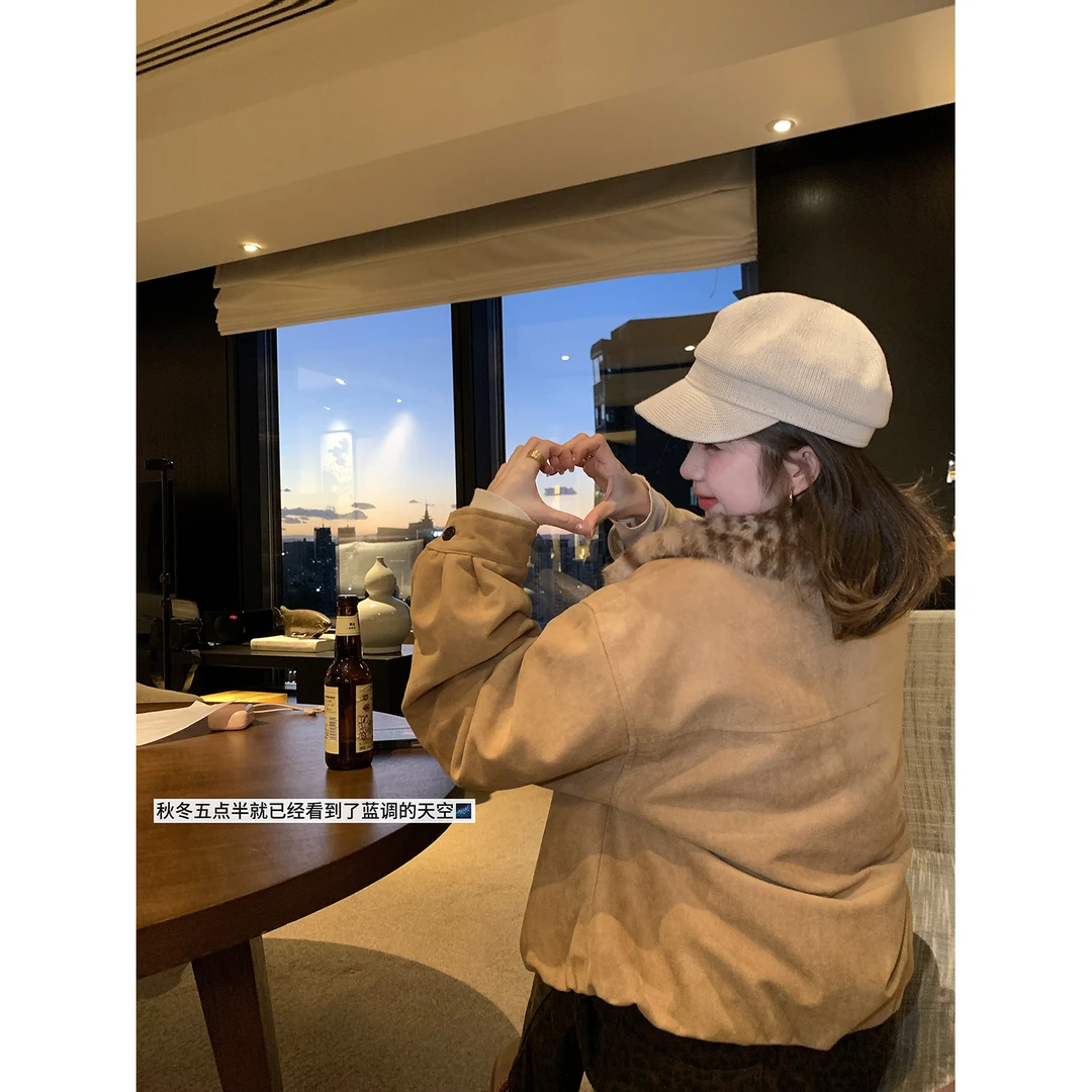 陳文文xenl【休斯顿街区】冬季保暖设计感豹纹翻领短款麂皮外套0108