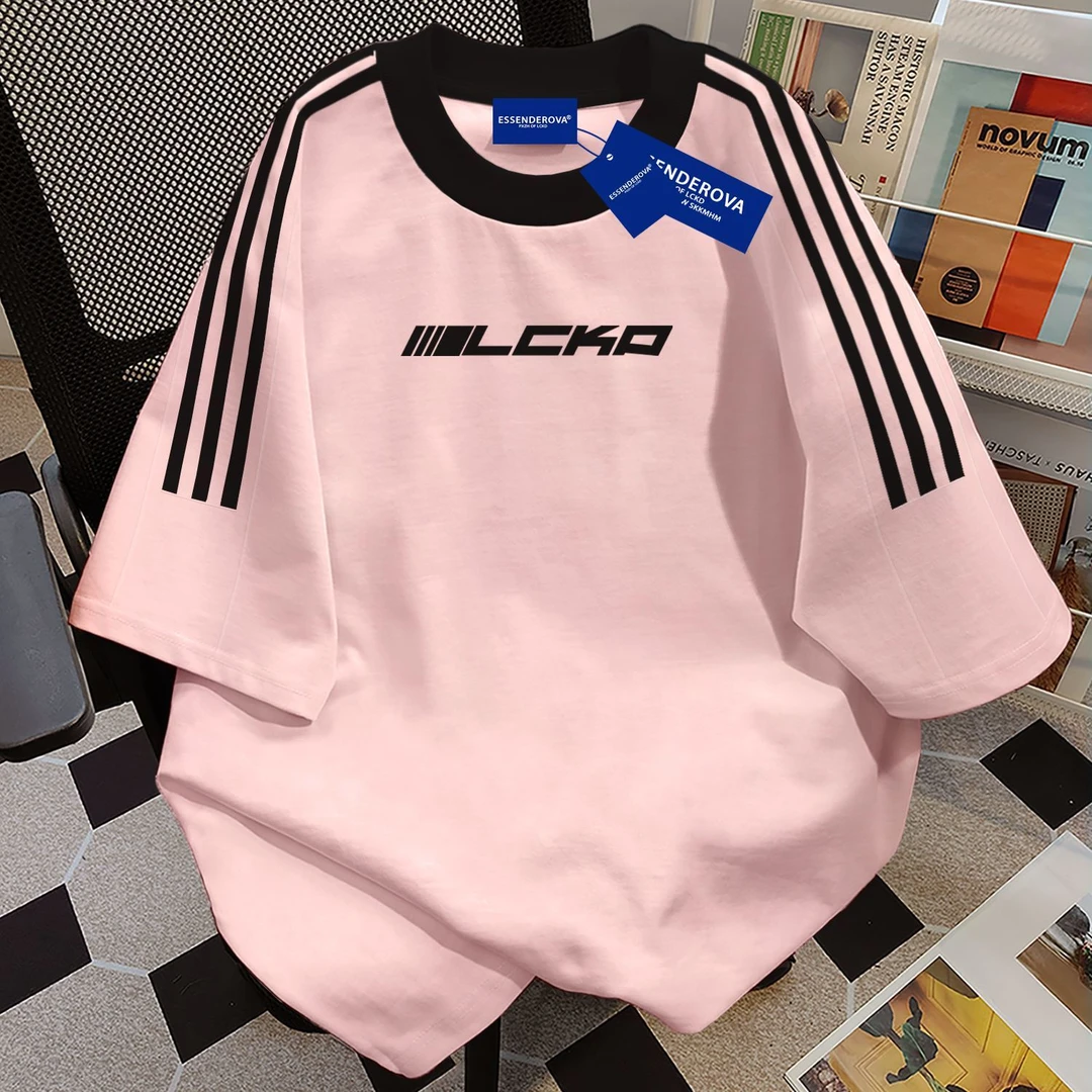 100%纯棉2025爆款美式复古韩系三条杠短袖t恤男女夏季宽松上衣ins