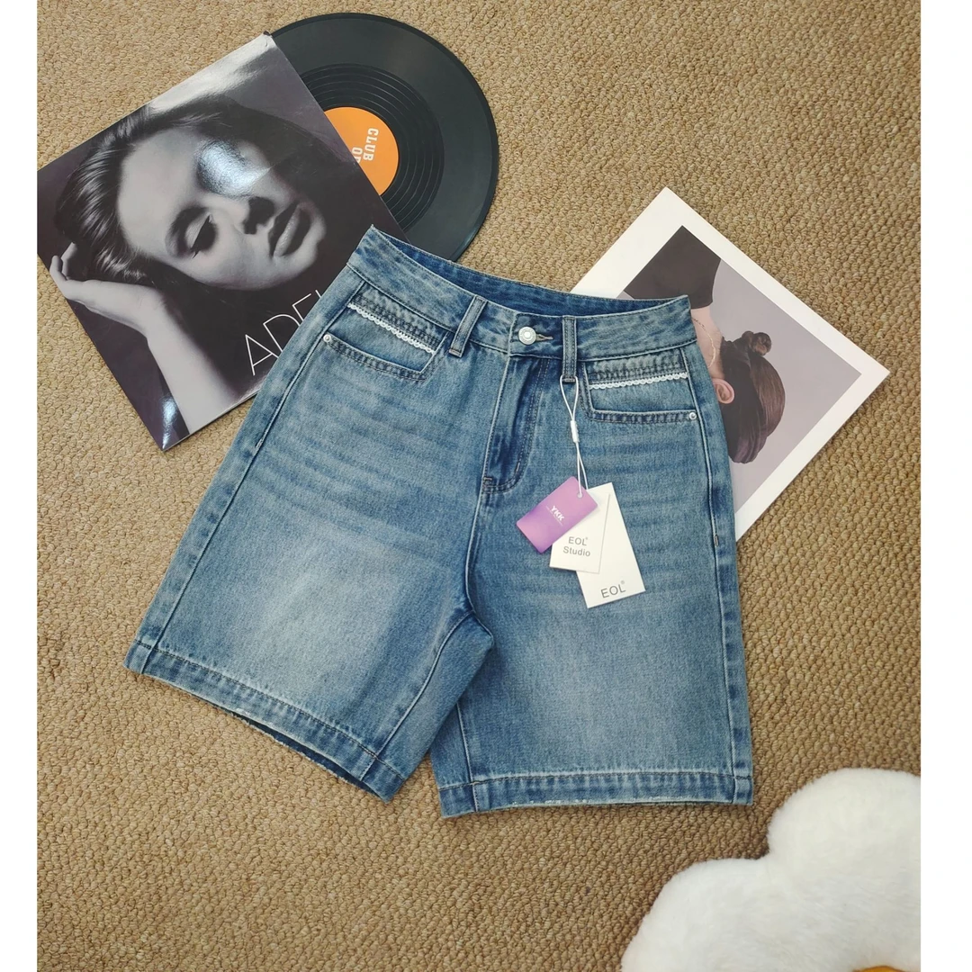 五分裤复古蓝夏季薄款大码显瘦高腰时尚百搭阔腿宽松牛仔短裤7019