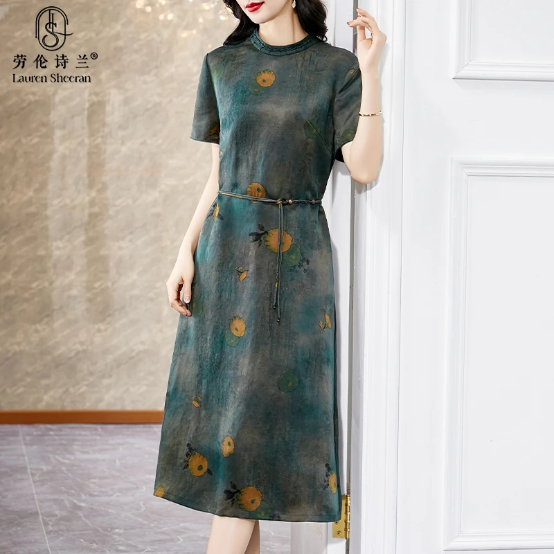 品牌新款透孔花罗香云纱连衣裙女短袖圆领桑蚕丝妈妈真丝裙子夏装