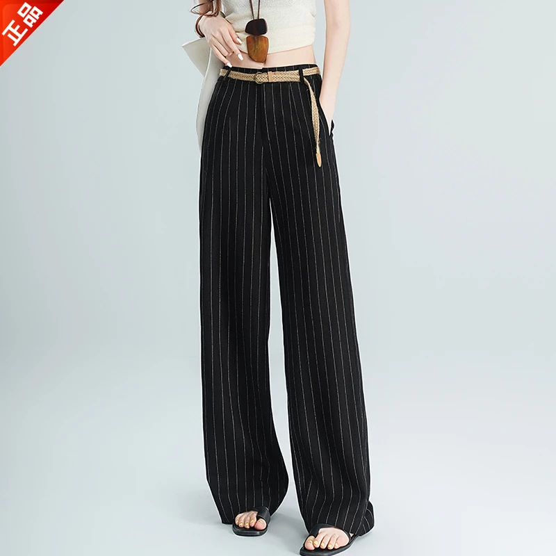 正品2025夏季新款薄款时尚条纹亚麻休闲裤女显瘦垂顺感直筒阔腿裤