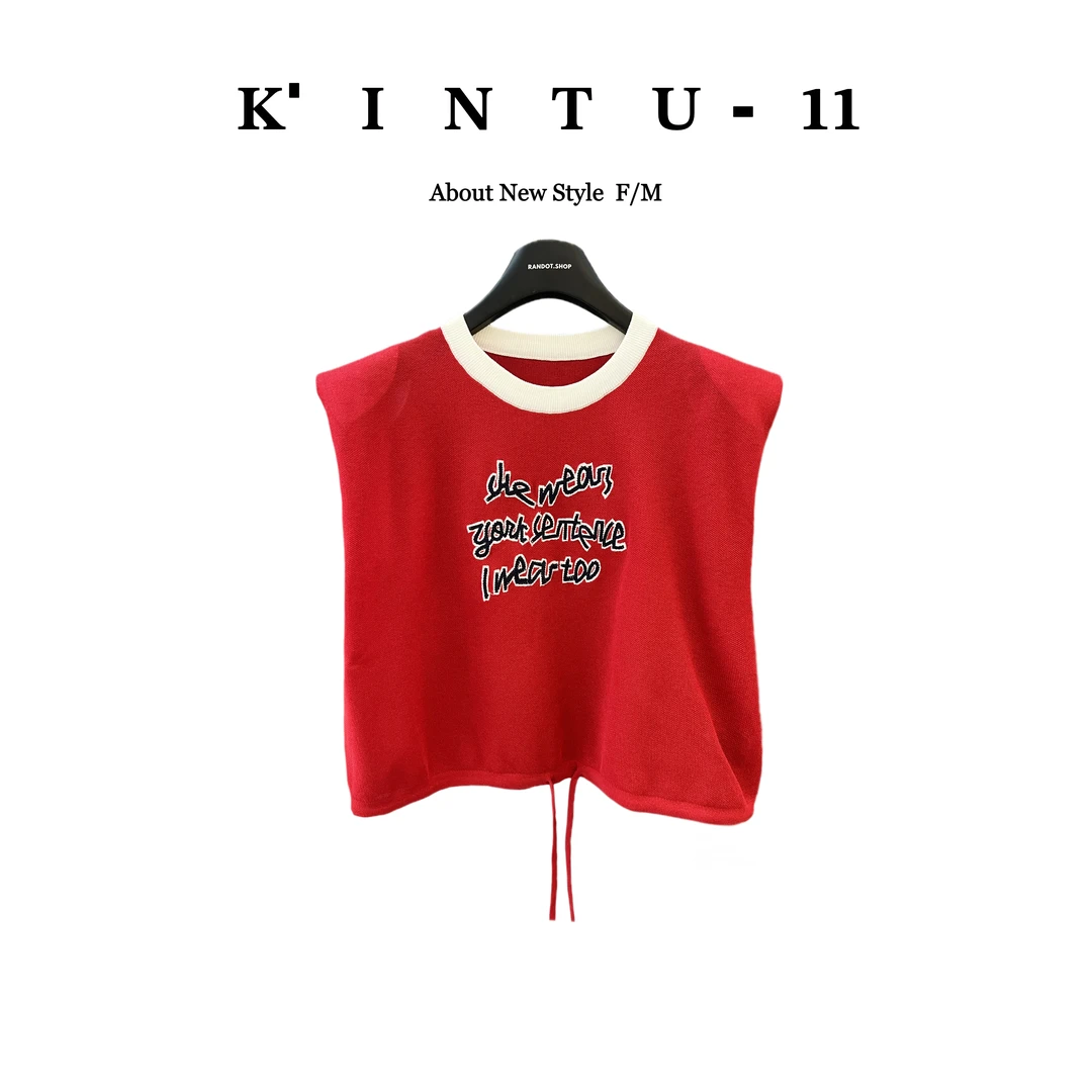 【K-11】原创设计薄款字母印花收绳衣边针织正肩无袖上衣34649