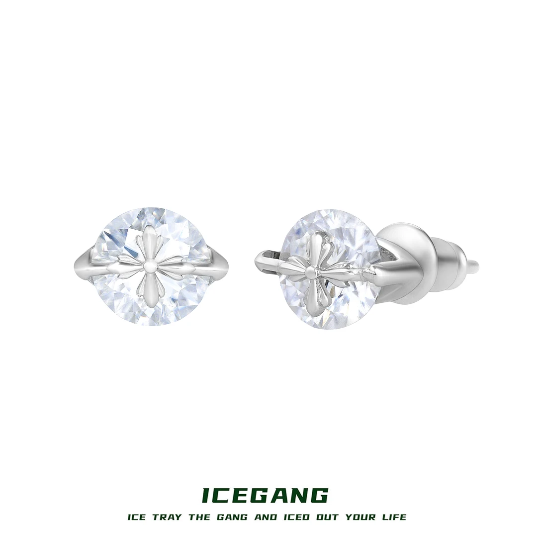 ICEGANG 925银莫桑石耳饰 灵动鸢尾花十字架耳钉S925银轻奢老钱
