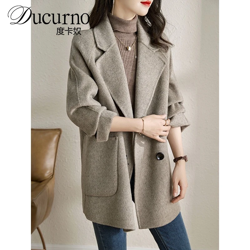 高端羊毛呢子外套2025秋冬新款中长款双排扣茧型羊毛双面大衣女
