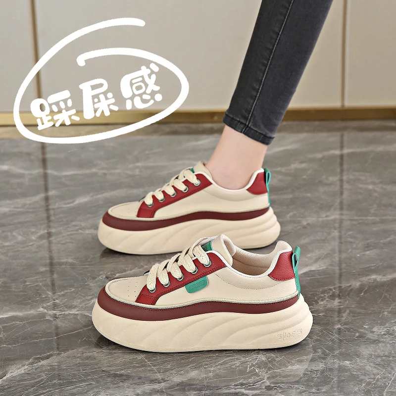 Yamais/雅麦斯女鞋子真皮板鞋女2025新款春季百搭厚底休闲小白鞋