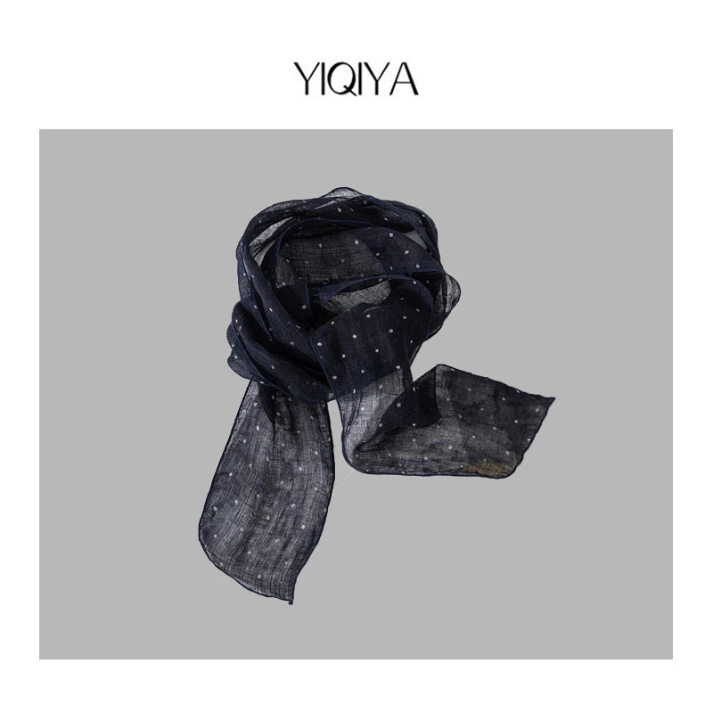 【婷婷】100亚麻丝巾蓝色波点复古女士百搭时尚气质优雅韩版A20586