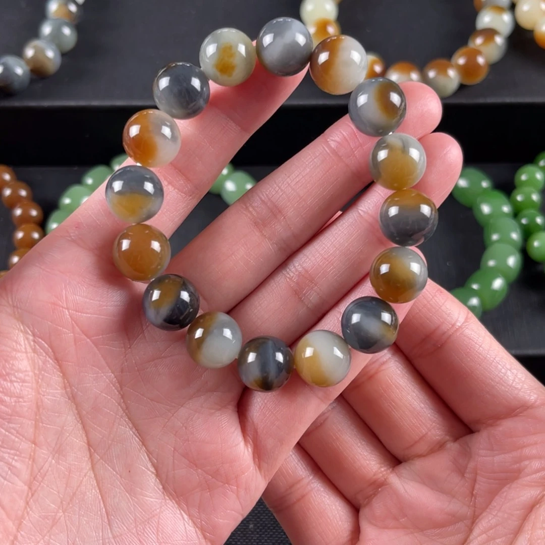 和田玉手串未镶嵌君*名卡12楼兰三色