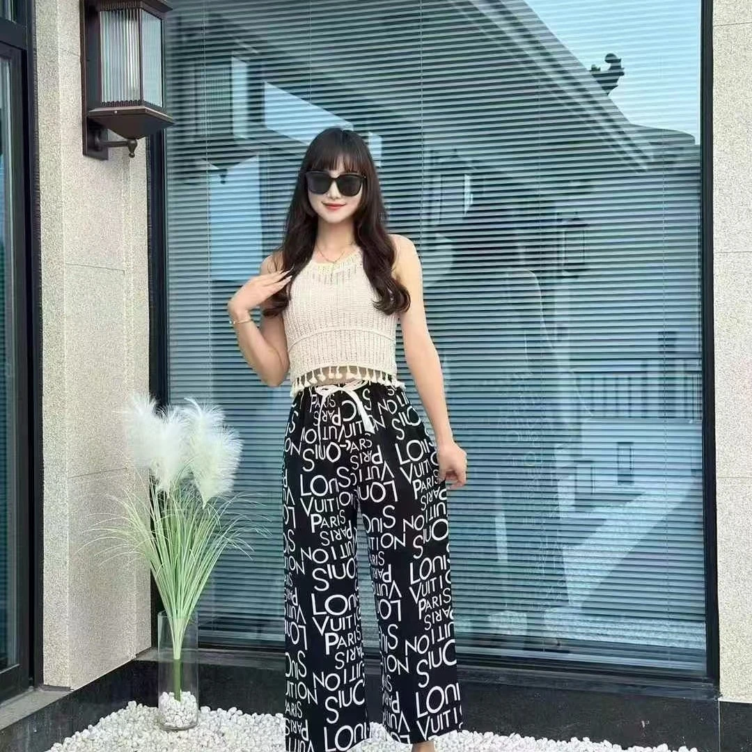 夏季冰丝扎染印花高腰阔腿女裤修身显瘦宽松休闲直筒裤