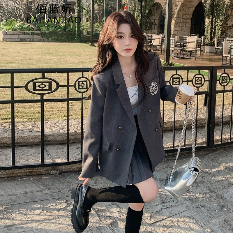 灰色超火穿搭学院风西装套装女2025春季新款气质小个子西服百褶裙