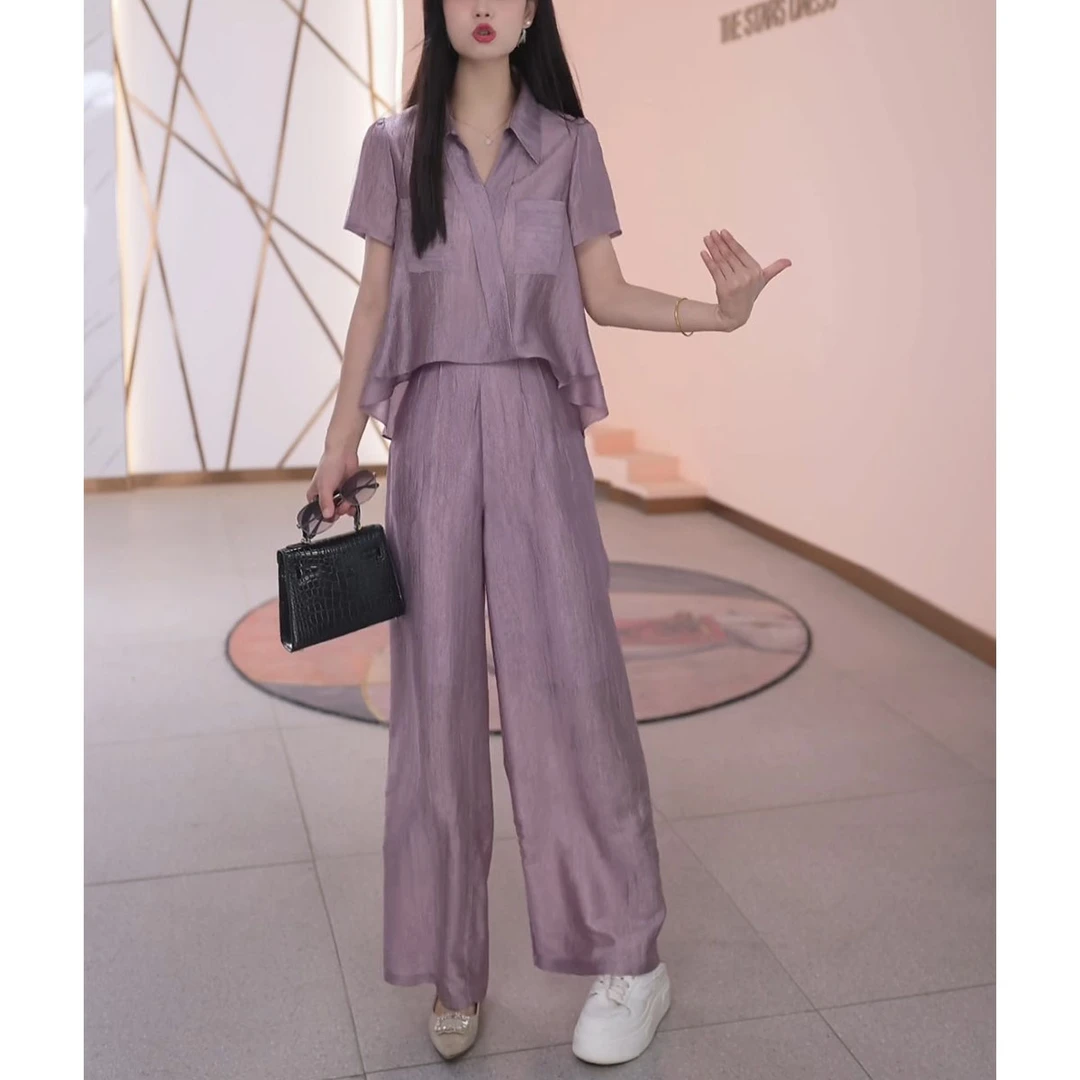 短袖气质上衣休闲高腰阔腿裤套装2025时尚新款韩版气质减龄两件套