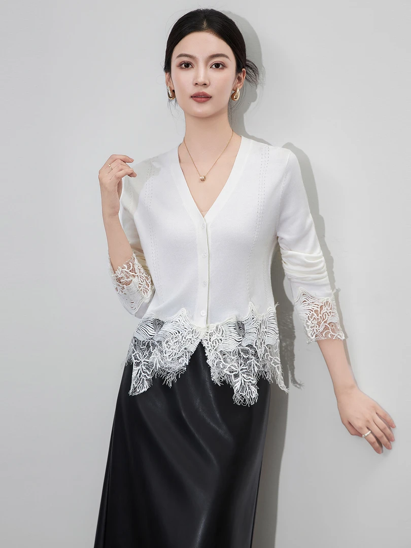 常规袖刺绣圆领针织V领衫中式礼服复古显瘦蕾丝气质长袖白色秋季