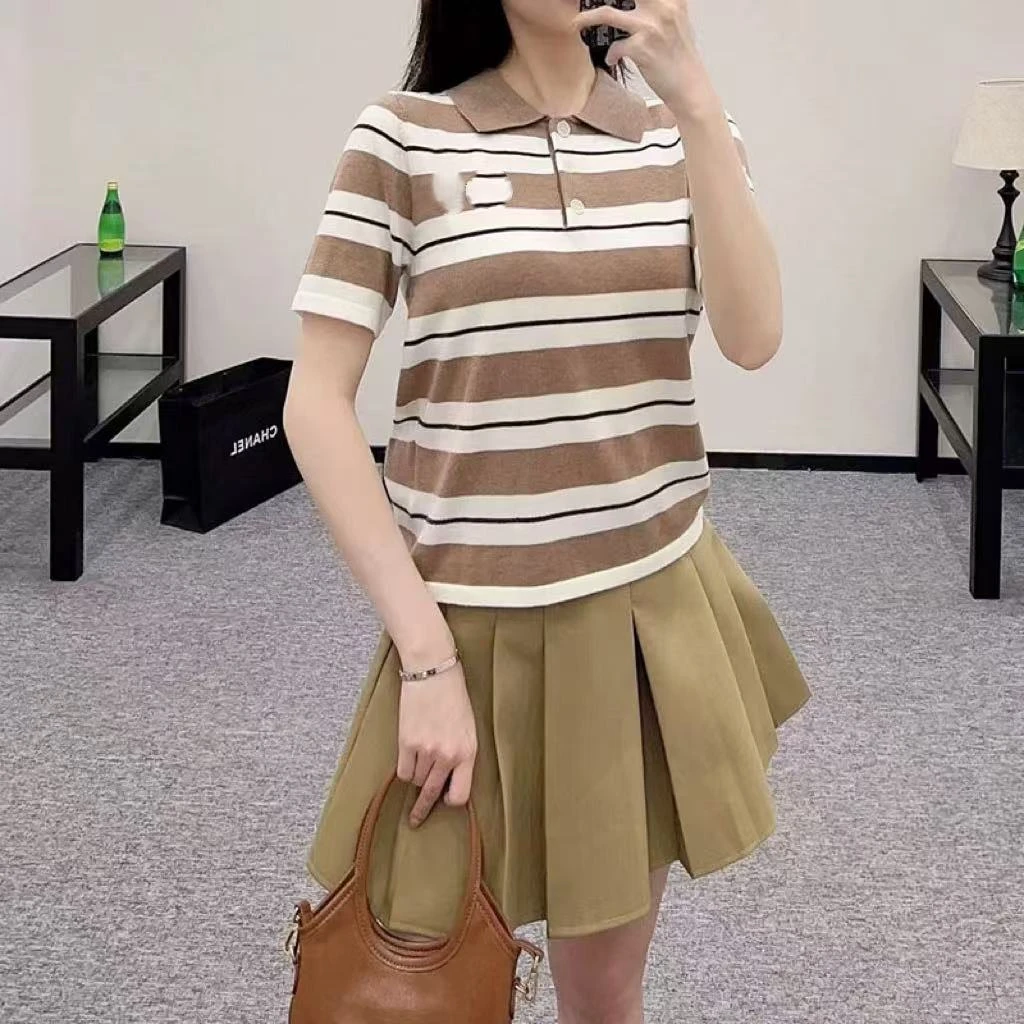 【阳阳高品】复古小调!撞色条纹polo领短袖针织衫女夏新款减龄上衣