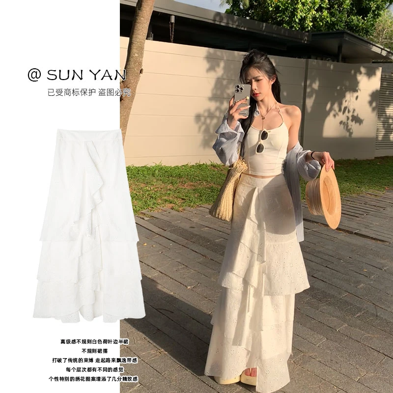 孙妍新款【栀茉白裙】时尚不规则荷叶边a字半身裙2025新款女款