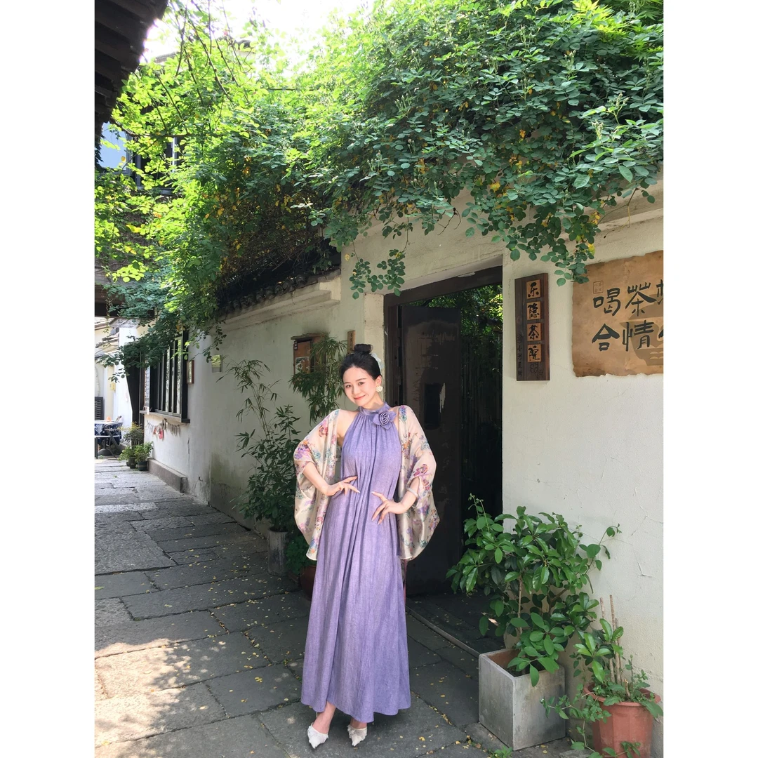 【明晨紫月】法式高级感紫色无袖挂脖连衣裙女夏JWFF2548011