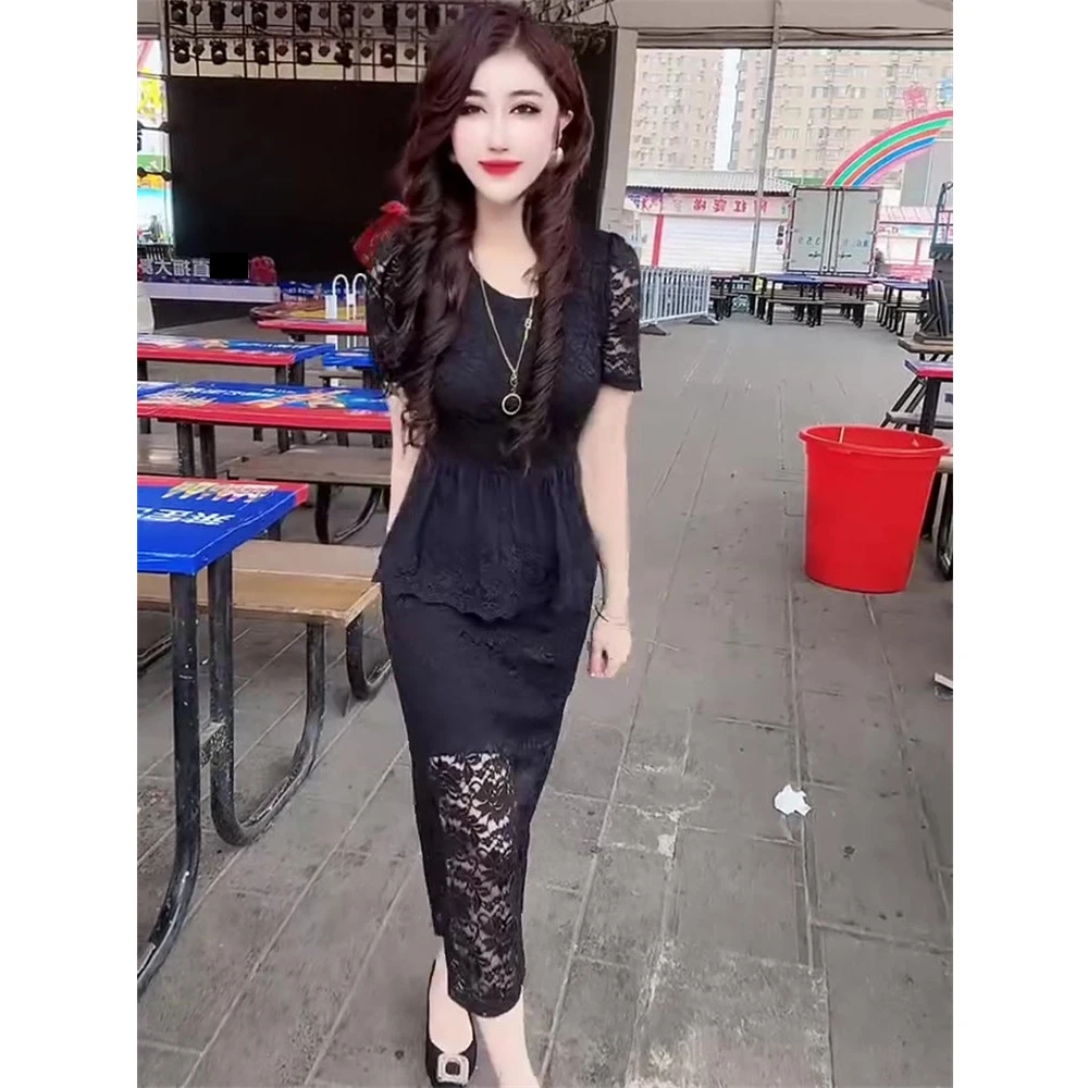 蕾丝连衣裙2025夏季新款时尚短袖套装拼接修身显瘦减龄中长裙子