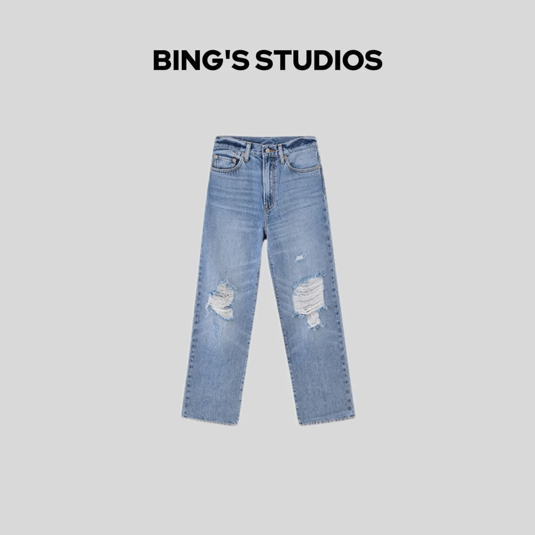Bing Studios｜复古做旧高腰破洞阔腿宽松直筒裤牛仔裤D23-5020