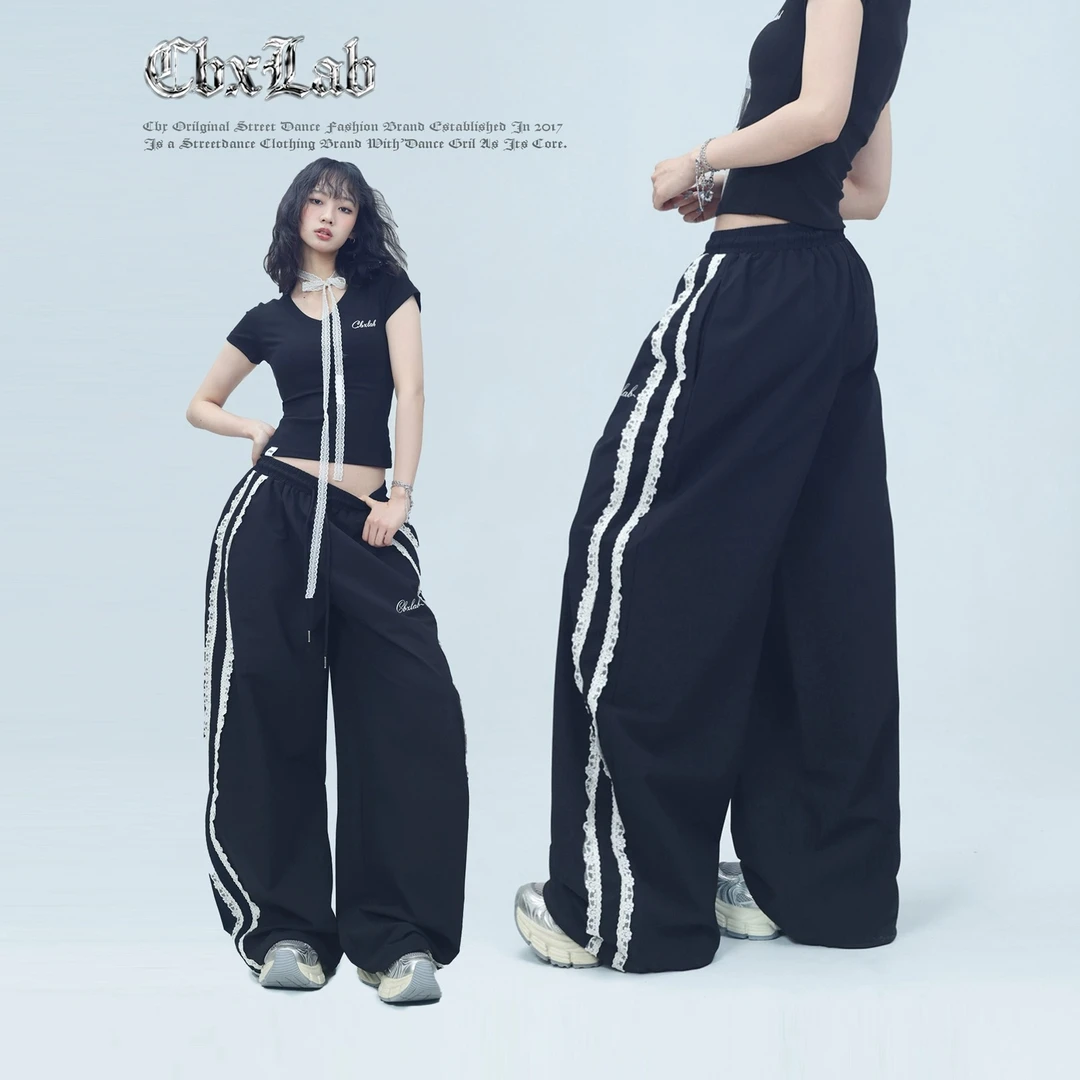 【达人专属】CBXLAB街舞潮牌蕾丝花边拼接长裤黑色宽松夏季甜美速干