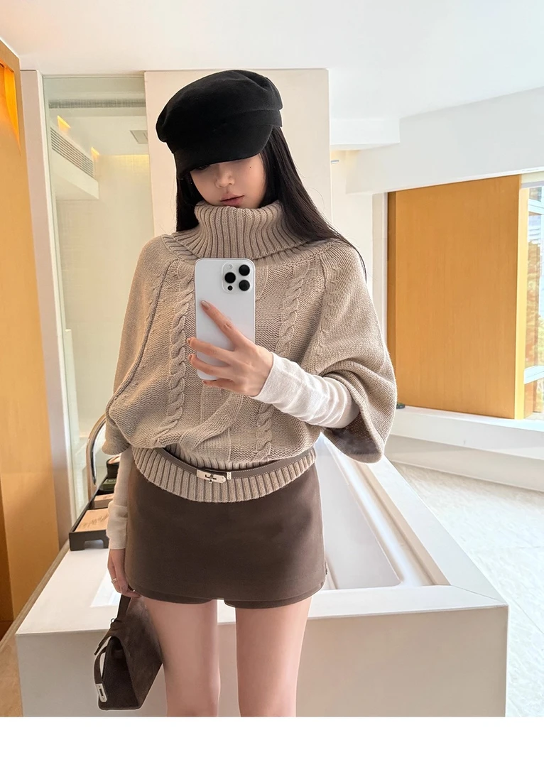 不冷BULENG 麻花针织斗篷羊毛上衣设计感毛衣女秋