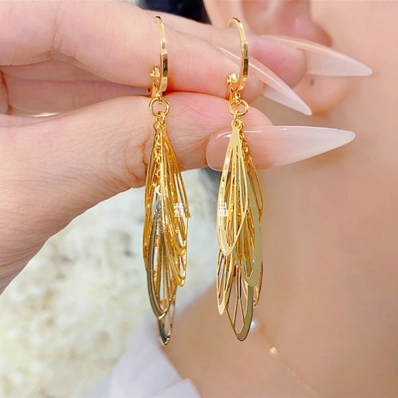 铜合金耳饰 金色流苏耳扣女轻奢时尚镂空长款耳环气质小众潮耳饰