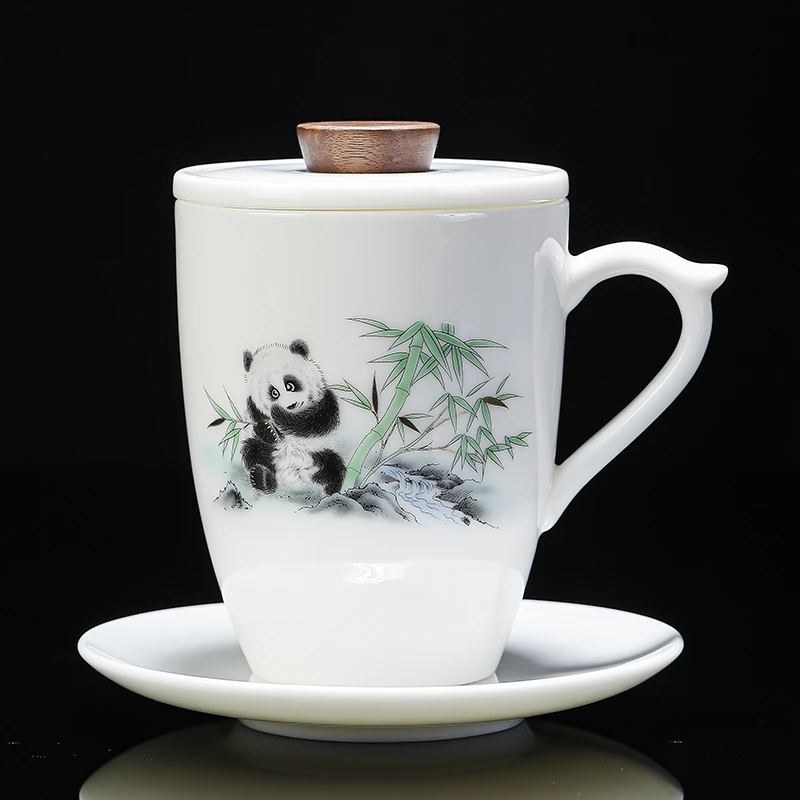 大号家用办公羊脂玉陶瓷带把防烫茶杯300ml白瓷泡茶杯水杯带杯碟