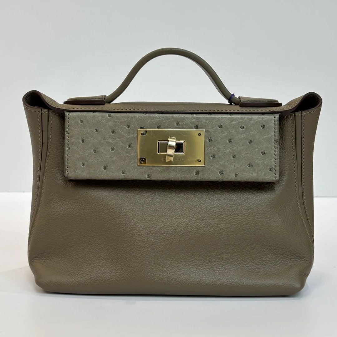 99新 Hermes/爱马仕 大象灰拼鸵鸟斑鸠灰2424 mini手提包 15771