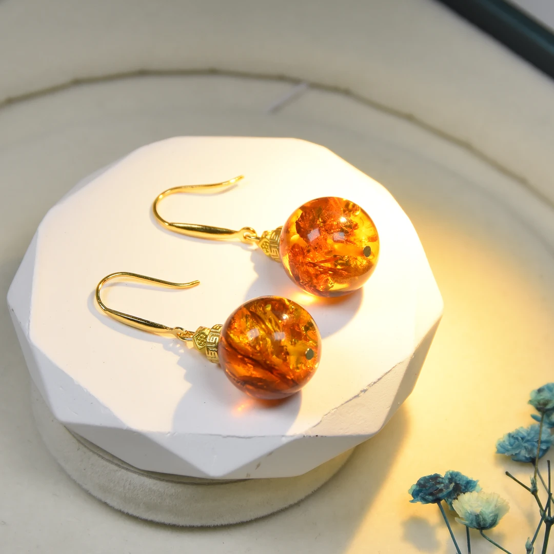 苏芳珠宝-15mm俄罗斯花珀耳环手工气质时尚简约耳钩款耳环