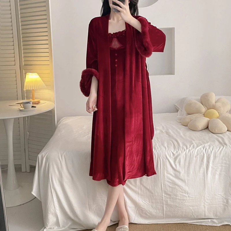 【绮罗】圣诞新年红色带胸垫绒吊带长款开叉网纱吊带睡裙睡袍